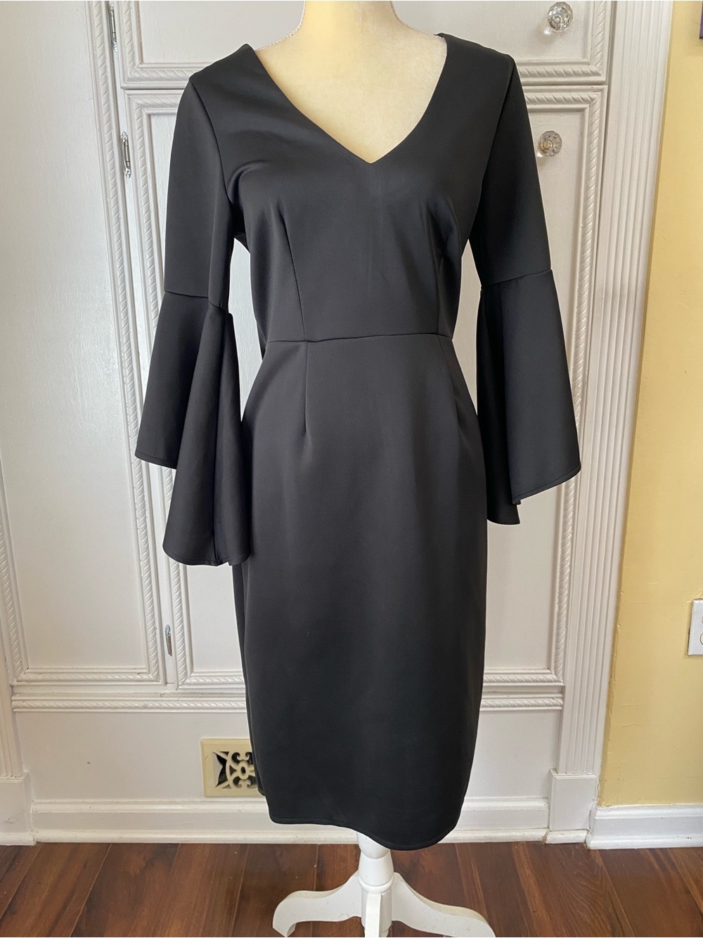 Leo Rosi Black V-Neck Bell Sleeve Midi Dress